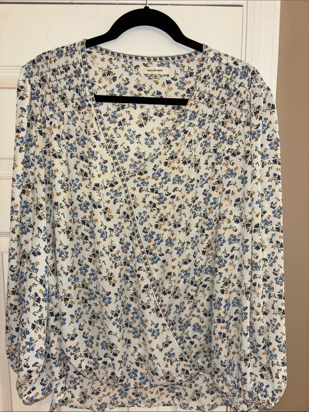 Max Studio Cream Floral Wrap Blouse with Blue and Tan Accents XL